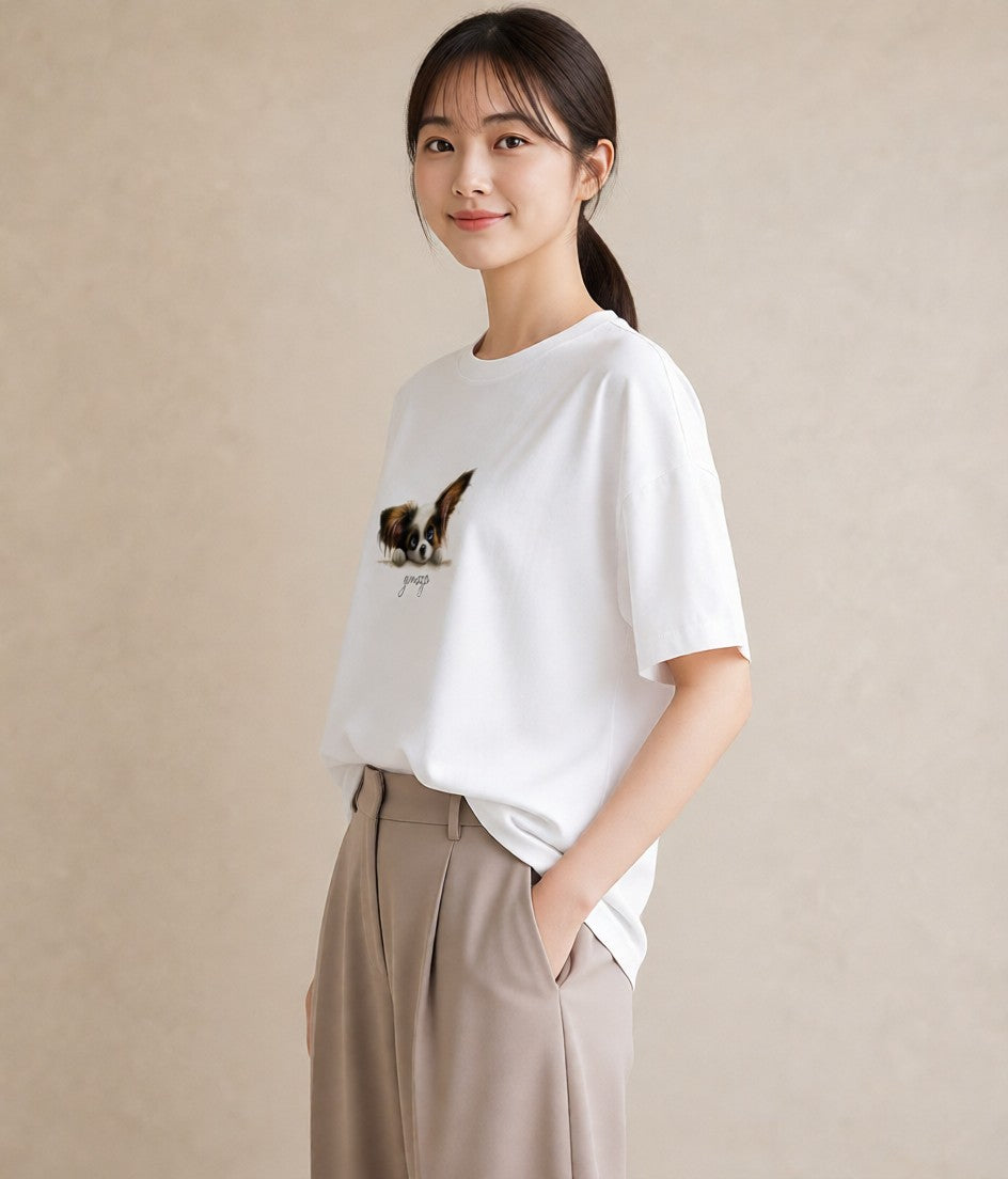 プリントTシャツ レディース パピヨン 犬 いぬ イラスト アート風 夏コーデ 通学 白T