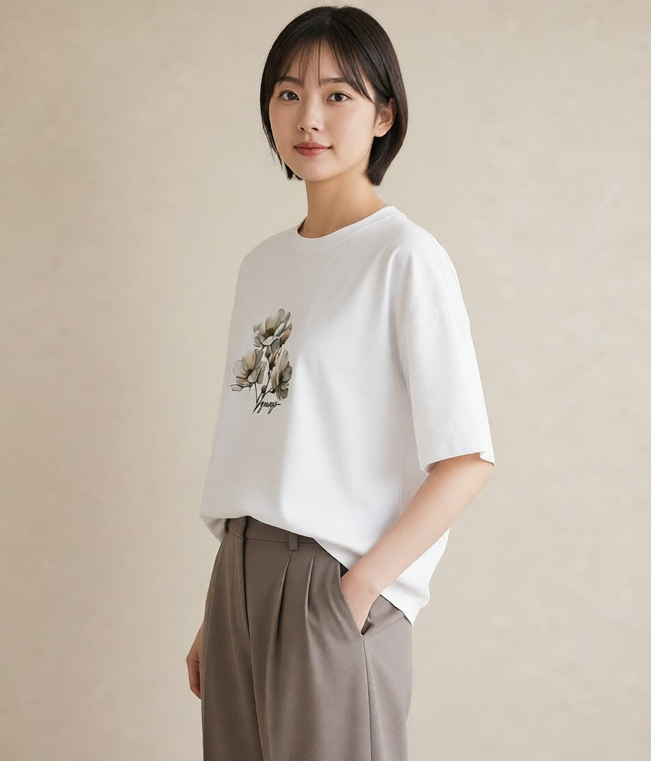 グラフィックTシャツ レディース 椿 花 花柄 イラスト ニュアンス ラフ レイヤード 白T