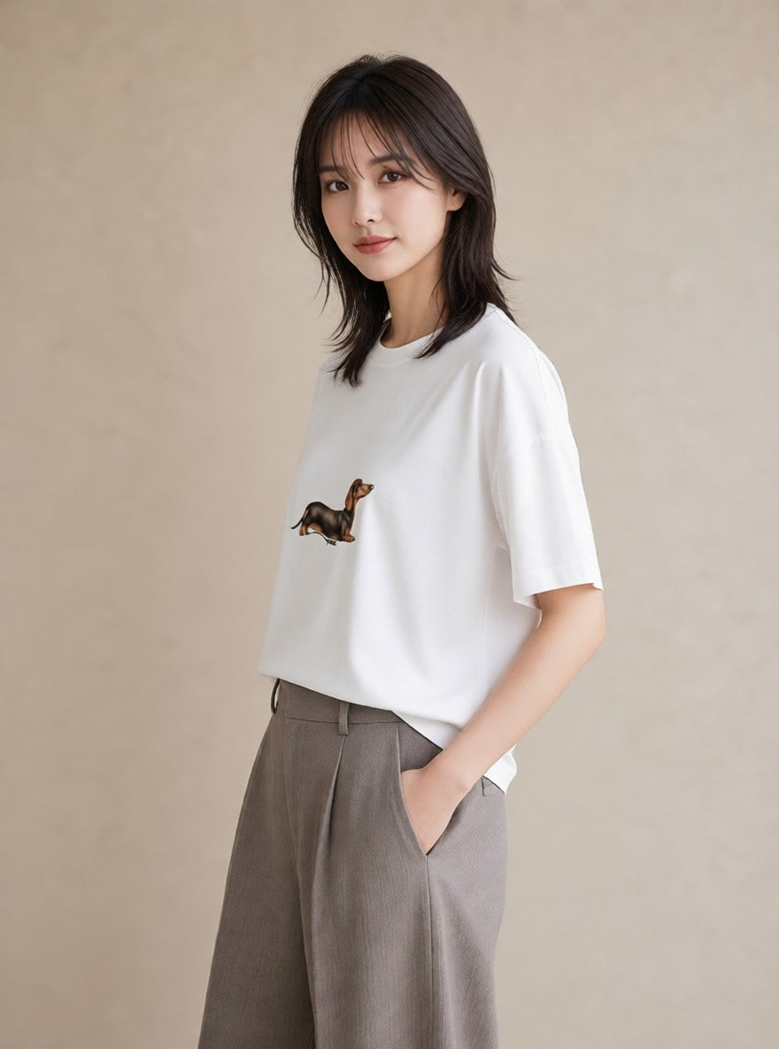 デザインTシャツ レディース ミニチュアダックスフンド 犬 いぬ イラスト ミニマル 親子 20代 白T