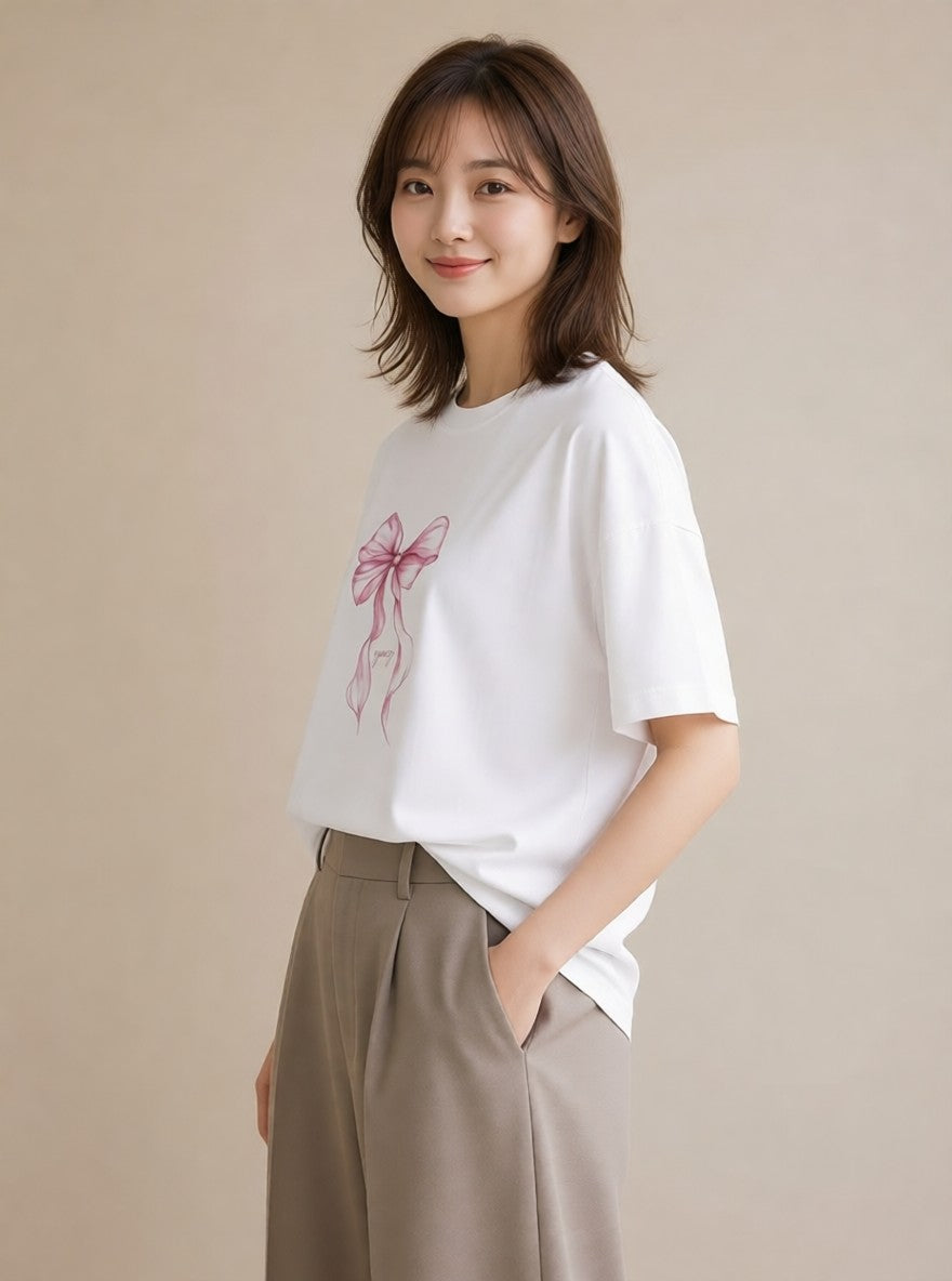 半袖Tシャツ レディース リボン 蝶結び ナチュラル アンティーク イラスト 普段使い 在宅 公園 白T