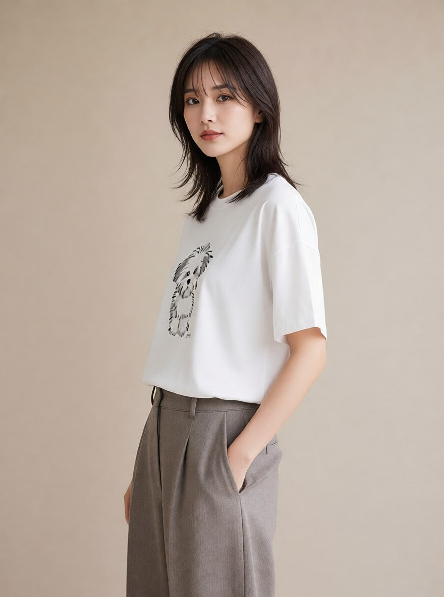プリントTシャツ レディース ビションフリーゼ 犬 いぬ イラスト 休日コーデ 親子 20代 白T