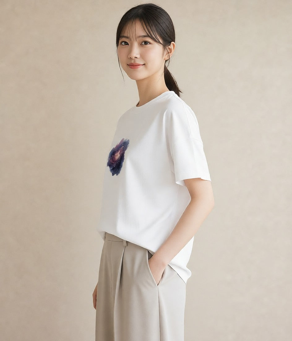 プリントTシャツ レディース 宇宙 星空 イラスト きれいめカジュアル カフェ巡り 女子会 白T