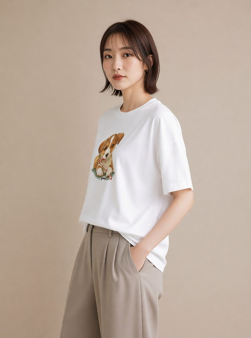 デザインTシャツ レディース いぬ 犬 ワンコ イラスト ガーリー カフェ服 クリスマス 白T
