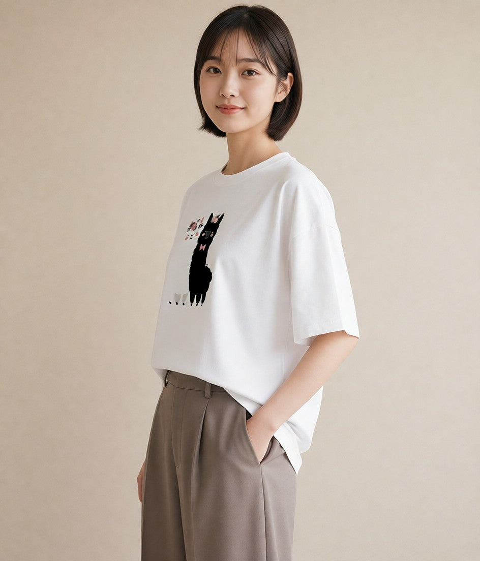 半袖Tシャツ レディース アルパカ 動物 アニマル イラスト 旅行コーデ ビーチ デイリーウェア 白T