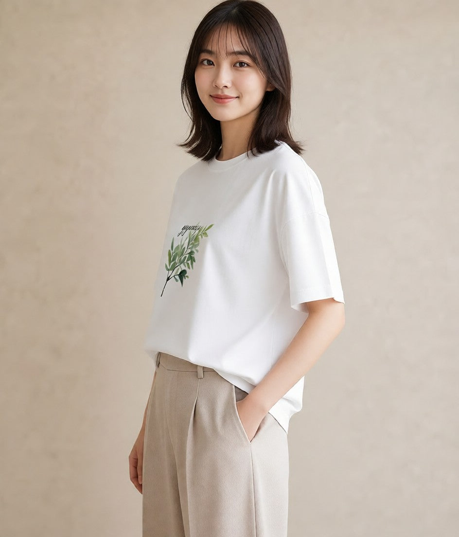 グラフィックTシャツ レディース ユーカリ 植物 ボタニカル イラスト ゆるコーデ ペアコーデ 秋コーデ 白T
