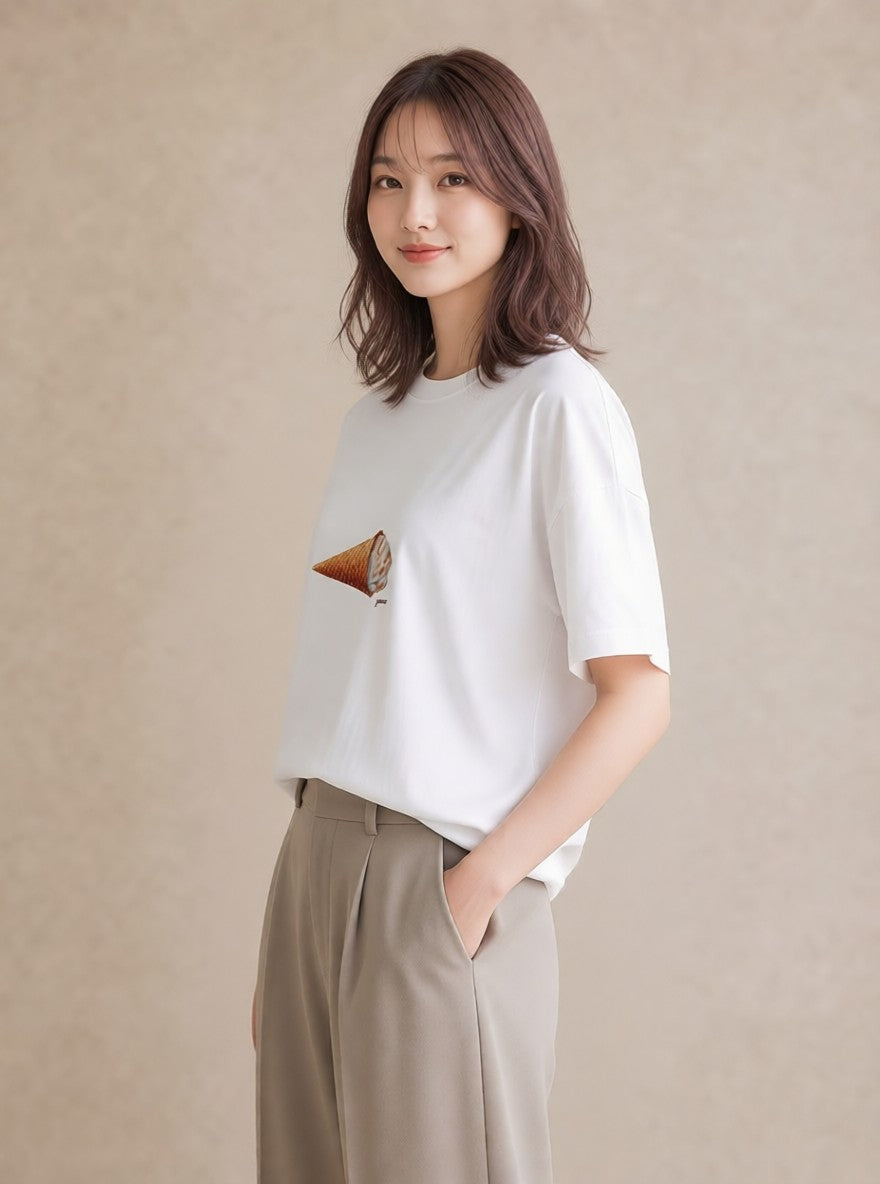 プリントTシャツ レディース アイス 食べ物 フード イラスト ゆるコーデ 春服 ミセス 白T