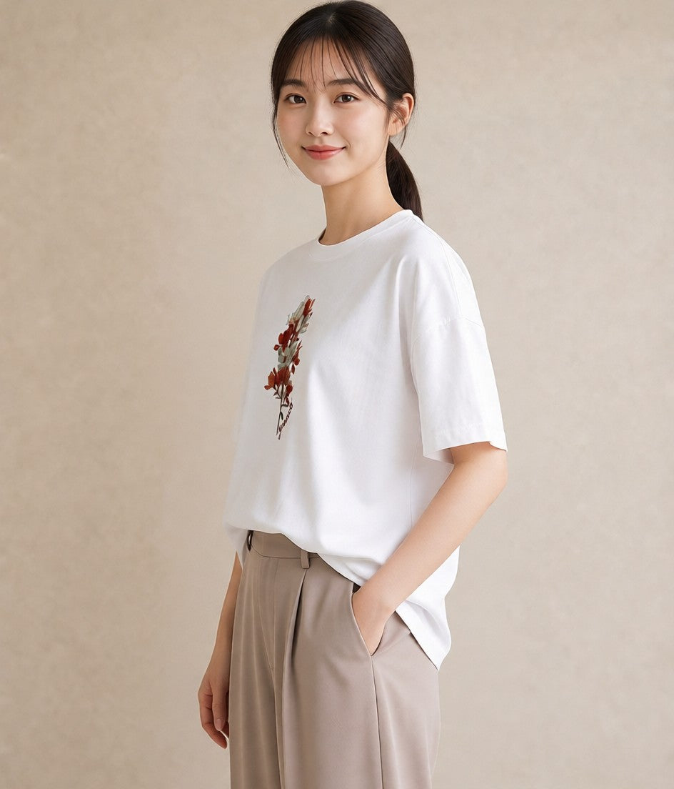 Tシャツ レディース ポスト 野の花 レトロ ナチュラル アンティーク イラスト シンプル 在宅 公園 白T