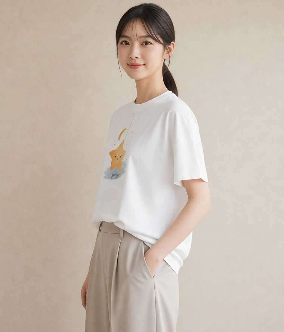 グラフィックTシャツ レディース 星 星空 宇宙 イラスト ナチュラル デート 帰省 白T