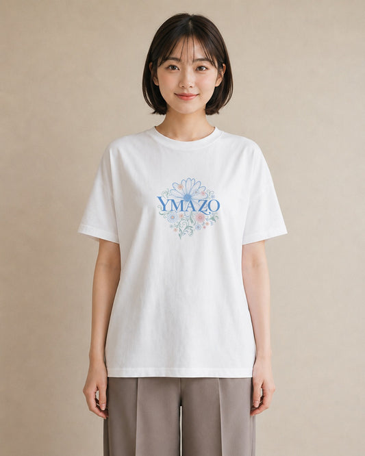 【受注生産】YMAZO Tシャツ レディース 半袖 ゆったり 花柄 フローラル ボタニカル 花 ブーケ 白T 綿100% ホワイト M L ニュアンス フェミニン ナチュラル 通勤 推し活 父の日 初夏 プレゼント|花便り(大きめプリント