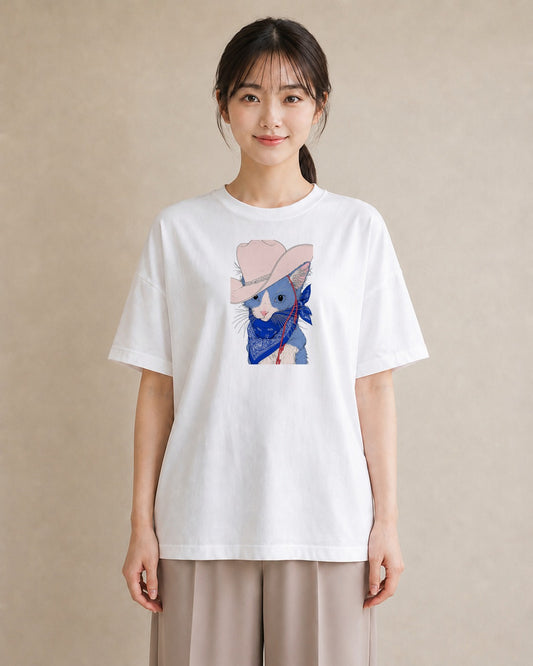 【受注生産】YMAZO Tシャツ レディース 半袖 ゆったり 猫 ねこ ネコ キャット 猫柄 白T 綿100% ホワイト M L 手描き ナチュラル 韓国っぽい リンクコーデ カジュアル プレゼント 父の日 春夏|どうぶつ日和(大きめプリン
