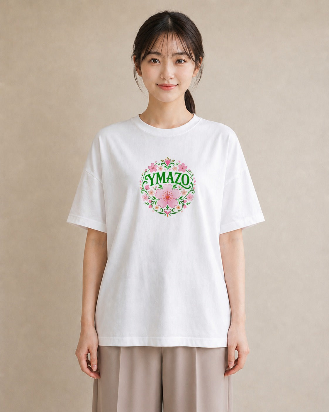 【受注生産】YMAZO Tシャツ レディース 半袖 オーバーサイズ 花柄 フローラル ボタニカル 花 ブーケ 白T 綿100% ホワイト M L くすみカラー 水彩 フェミニン デート お出かけ プレゼント ギフト|花あそび(大きめプリント
