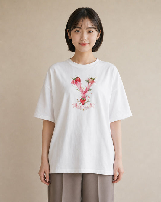 【受注生産】YMAZO Tシャツ レディース 半袖 ゆったり いちご イチゴ 苺 ストロベリー フルーツ 白T 綿100% ホワイト M L フェミニン 水彩 韓国っぽい 通勤 推し活 初夏 春夏 ギフト|イニシャルY(スタンダードプリント