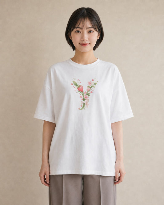【受注生産】YMAZO Tシャツ レディース 半袖 ゆったり いちご イチゴ 苺 ストロベリー フルーツ 白T 綿100% ホワイト M L ナチュラル ニュアンス フェミニン 通勤 リンクコーデ ギフト 春夏 プレ|Y字ロゴ(スタンダード
