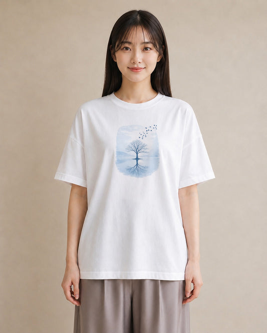 【受注生産】YMAZO Tシャツ レディース 半袖 ビッグシルエット 鳥 小鳥 ことり バード とり 白T 綿100% ホワイト M L くすみカラー フェミニン 韓国っぽい 推し活 通勤 2026新作 プレゼント|YMAZO art(大き