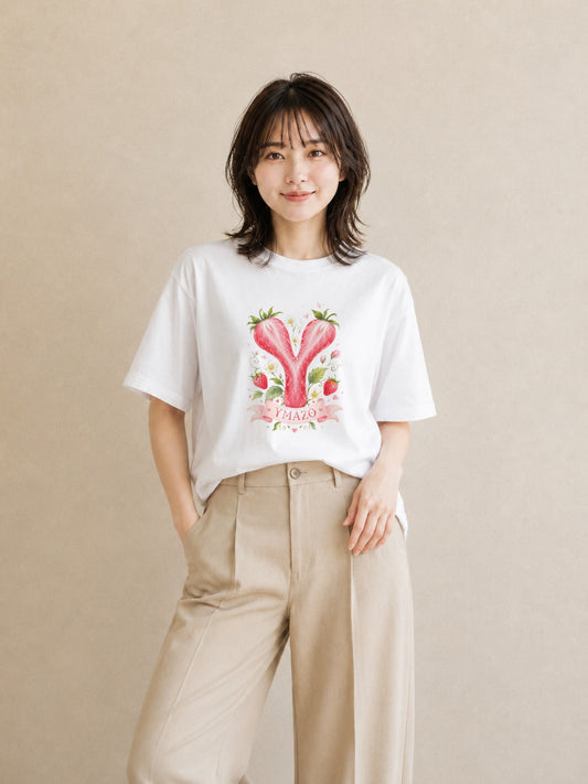 【受注生産】YMAZO Tシャツ レディース 半袖 オーバーサイズ いちご イチゴ 苺 ストロベリー フルーツ 白T 綿100% ホワイト M L 手描き 水彩 ナチュラル 推し活 お出かけ プレゼント 2026新作|YMAZO art(大