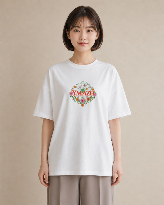 【受注生産】YMAZO Tシャツ レディース 半袖 オーバーサイズ 花柄 フローラル ボタニカル 花 ブーケ 白T 綿100% ホワイト M L 大人可愛い 手描き 韓国っぽい カジュアル デイリー プレゼント 初夏|花あそび(大きめプリン