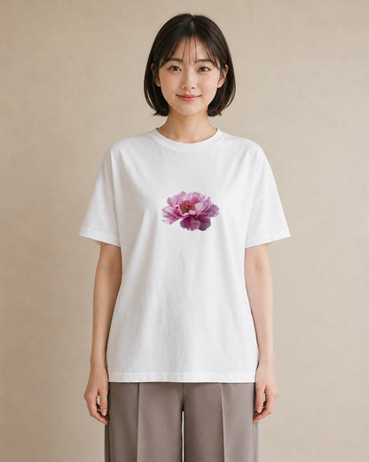 半袖Tシャツ レディース 牡丹 花 花柄 イラスト お洒落 デイリーウェア 休日 白T
