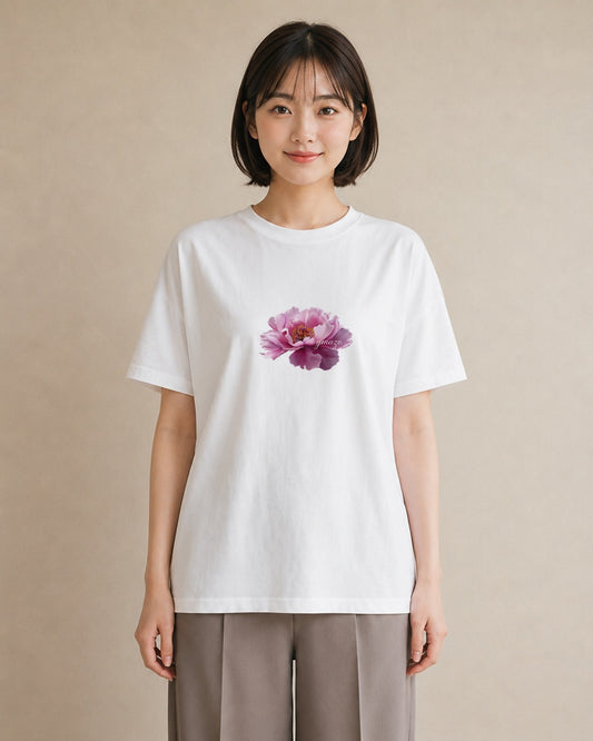 半袖Tシャツ レディース 牡丹 花 花柄 イラスト お洒落 デイリーウェア 休日 白T