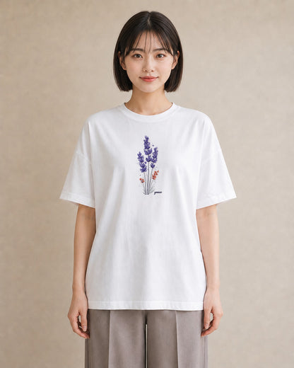 Tシャツ レディース ラベンダー 花 花柄 イラスト ミニマル ラフ レイヤード 白T