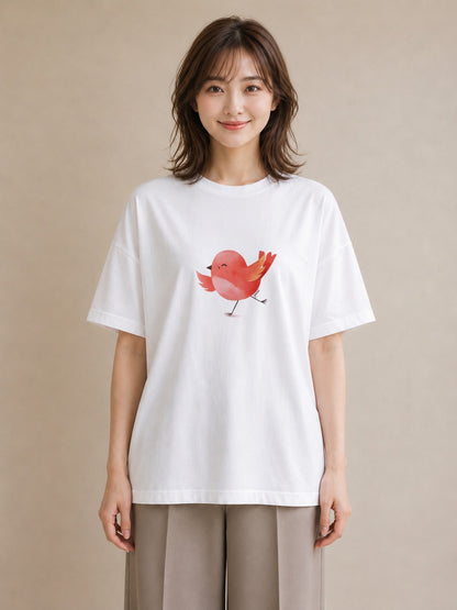 プリントTシャツ レディース 桜文鳥 ペット 動物 イラスト 手描き風 買い物 夏コーデ 白T