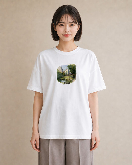 半袖Tシャツ レディース 雨上がりのベンチ ベンチ ナチュラル アンティーク イラスト 水彩風 お出かけ 普段着 白T
