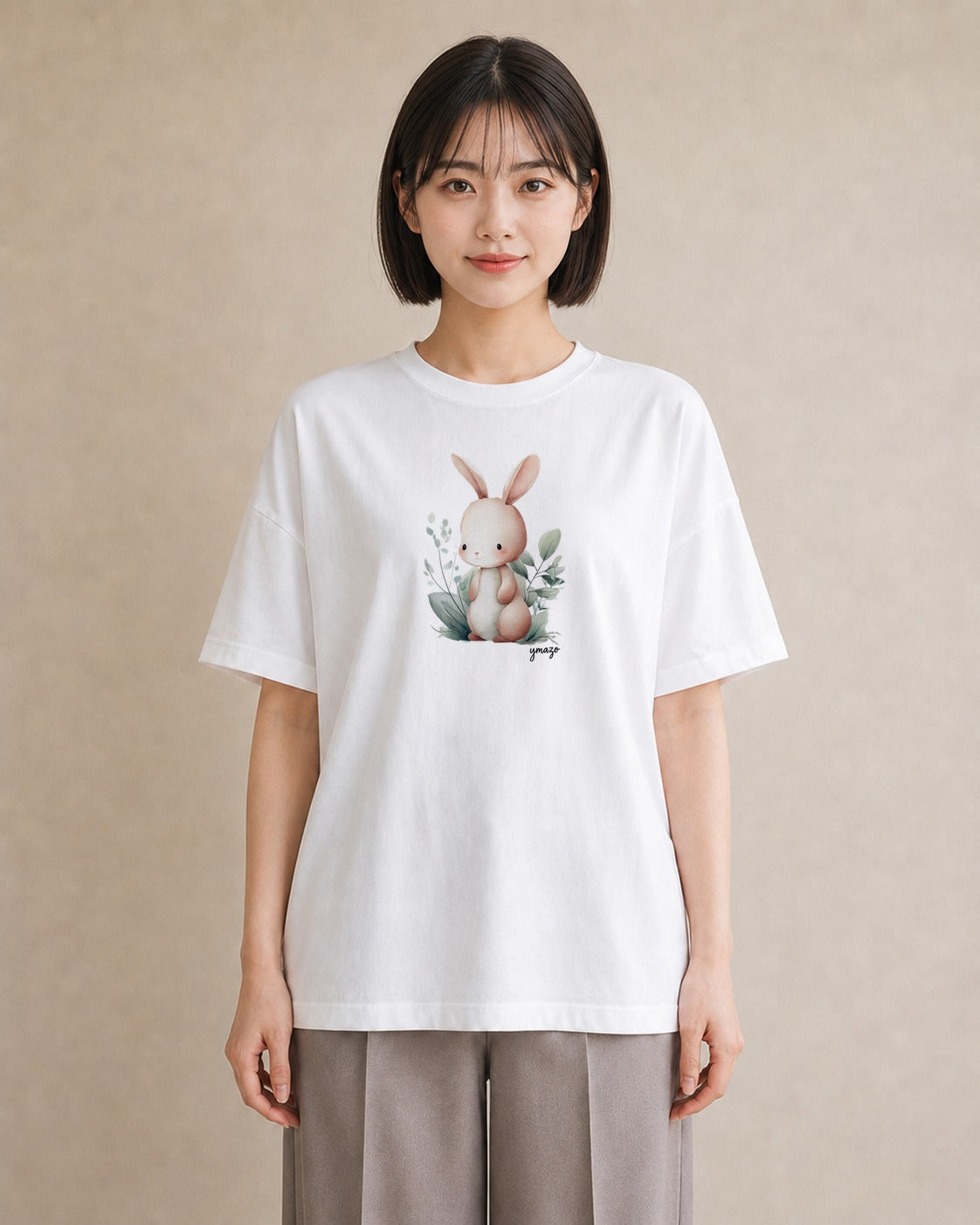 半袖Tシャツ レディース ミニうさぎ ペット 動物 イラスト フェミニン 公園 ママ 白T