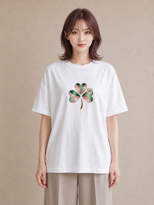 グラフィックTシャツ レディース クローバー 四つ葉 花 花柄 イラスト ミニマル 帰省 ラフ 白T