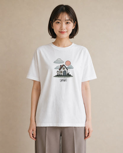 Tシャツ レディース 灯りの家 小屋 夜 ナチュラル アンティーク イラスト モード 部屋着 女性向けギフト 白T