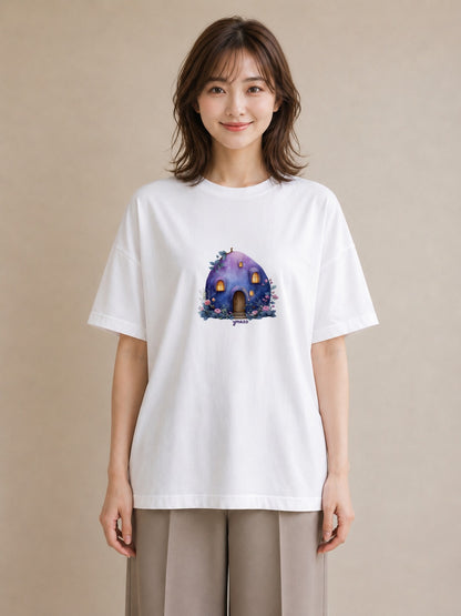 グラフィックTシャツ レディース 灯りの家 小屋 夜 ナチュラル アンティーク イラスト ボタニカル 誕生日プレゼント 綿100 白T