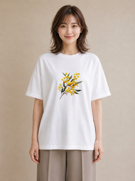 半袖Tシャツ レディース ミモザ 花 花柄 イラスト レトロ 誕生日プレゼント 綿100 白T