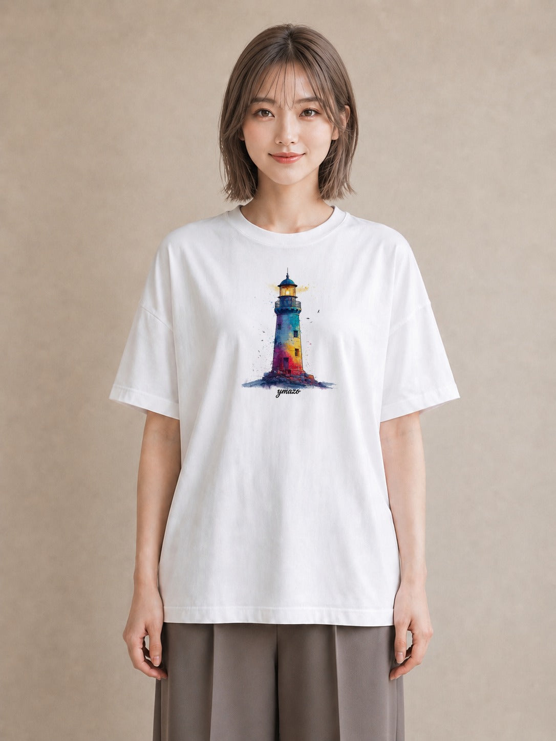 グラフィックTシャツ レディース 灯台 霧 海 ナチュラル アンティーク イラスト モード 秋コーデ おしゃれギフト 白T
