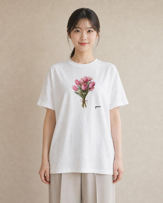 Tシャツ レディース チューリップ 花 花柄 イラスト フェミニン 秋コーデ おしゃれギフト 白T