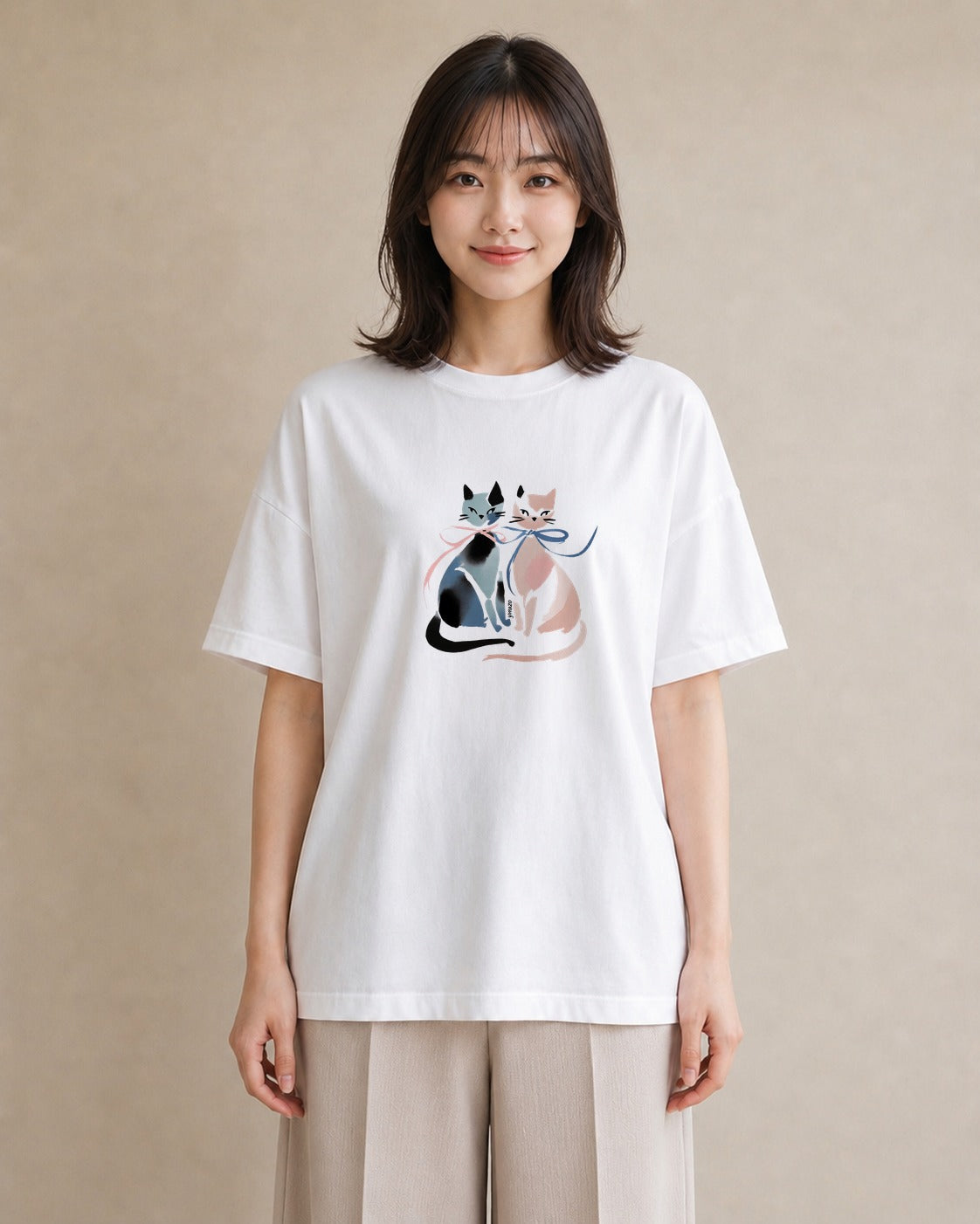 デザインTシャツ レディース ハチワレ 白黒猫 猫 ねこ イラスト 在宅 公園 白T