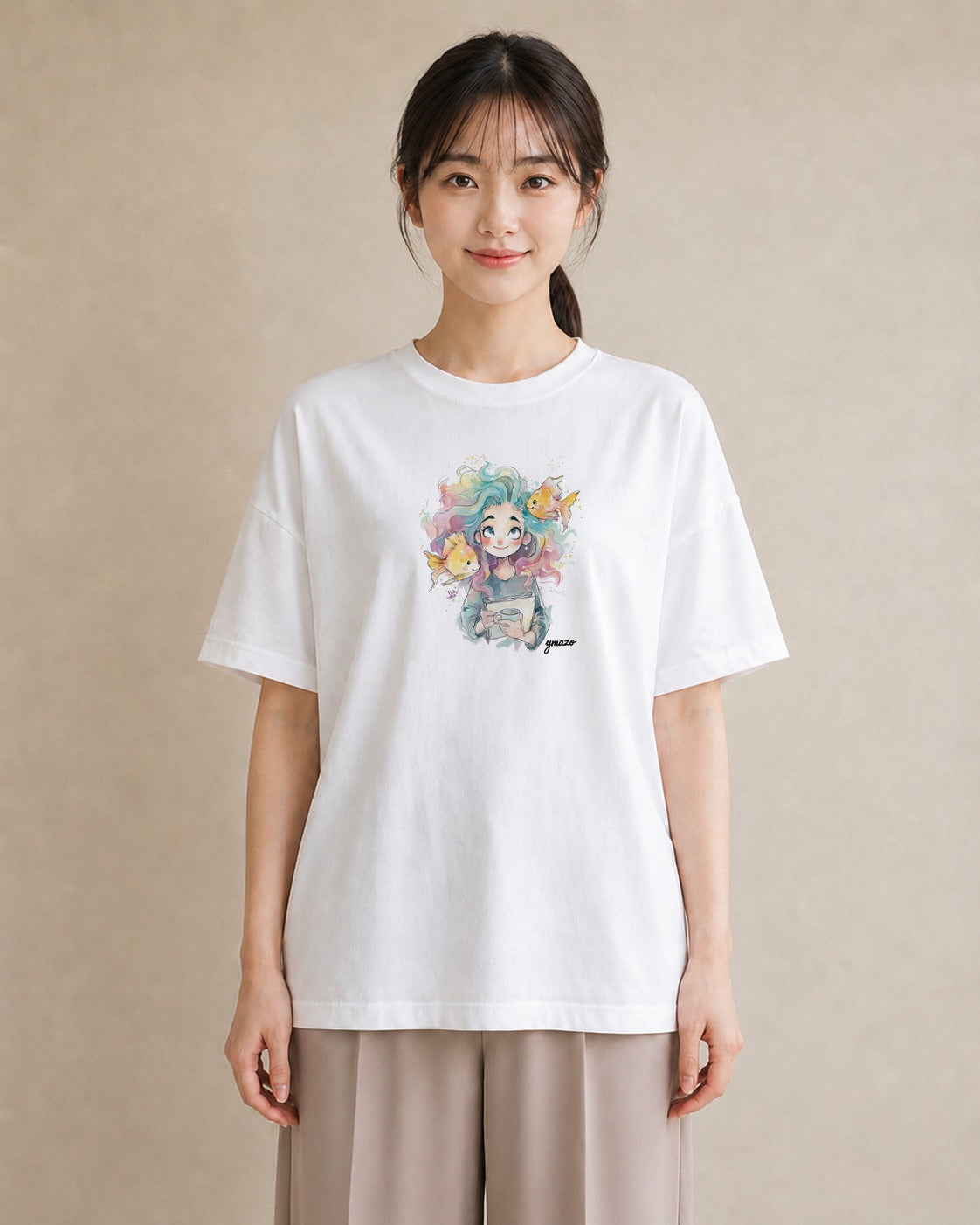 グラフィックTシャツ レディース 人魚 海の生き物 海 イラスト ガーリー 普段着 週末コーデ 白T