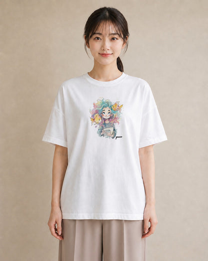 グラフィックTシャツ レディース 人魚 海の生き物 海 イラスト ガーリー 普段着 週末コーデ 白T