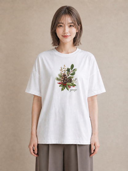 デザインTシャツ レディース 松ぼっくり 植物 ボタニカル イラスト レイヤード 友達ギフト 白T