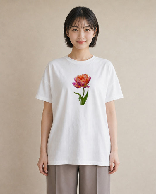 プリントTシャツ レディース チューリップ 花 花柄 イラスト シック ミセス 春コーデ 白T