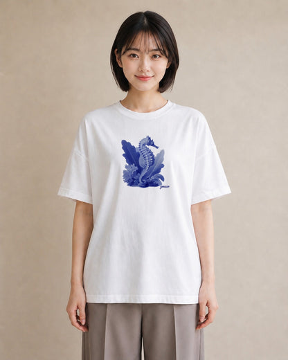 プリントTシャツ レディース タツノオトシゴ 海の生き物 海 イラスト お洒落 綿100 デート 白T