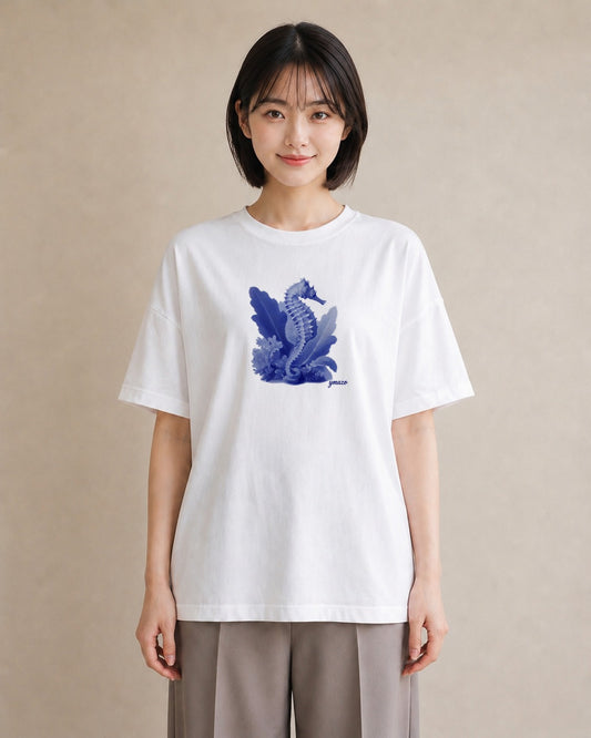 プリントTシャツ レディース タツノオトシゴ 海の生き物 海 イラスト お洒落 綿100 デート 白T