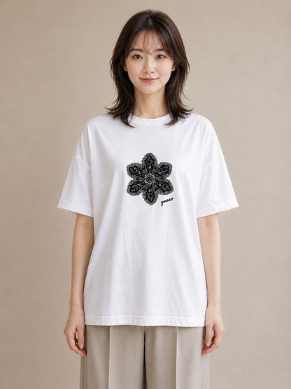 デザインTシャツ レディース レースハンカチ レース ハンカチ ナチュラル アンティーク イラスト 北欧風 女性 旅行用 白T