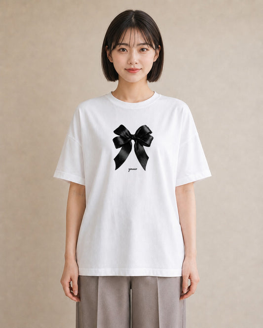 グラフィックTシャツ レディース リボン ボウ りぼん イラスト カフェコーデ お出かけ 普段着 白T
