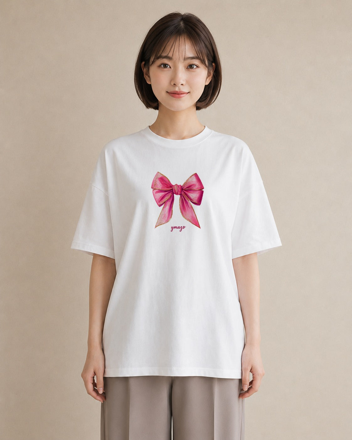 グラフィックTシャツ レディース リボン 蝶結び ナチュラル アンティーク イラスト 淡色 レイヤード 友達ギフト 白T