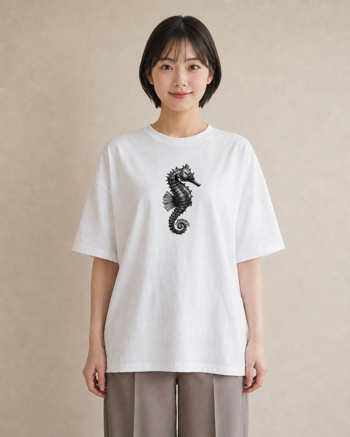 デザインTシャツ レディース タツノオトシゴ 海の生き物 海 イラスト ミニマル 綿100 デート 白T