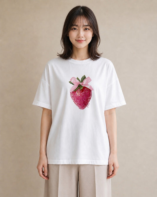 グラフィックTシャツ レディース いちご 苺 ストロベリー 食べ物 フード イラスト ヴィンテージ風 在宅 公園 白T
