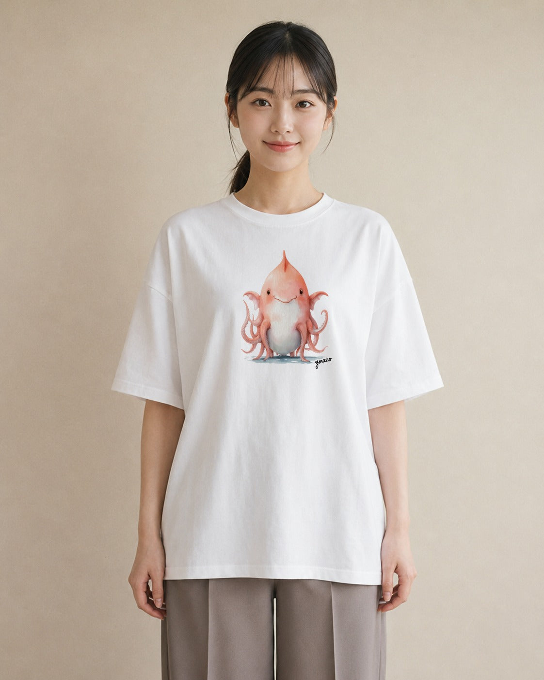半袖Tシャツ レディース タコ 海の生き物 海 イラスト 可愛い 通勤 在宅 白T