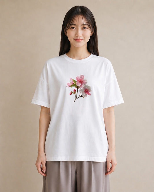 半袖Tシャツ レディース 梅 花 花柄 イラスト きれいめ 週末コーデ 敬老の日 白T