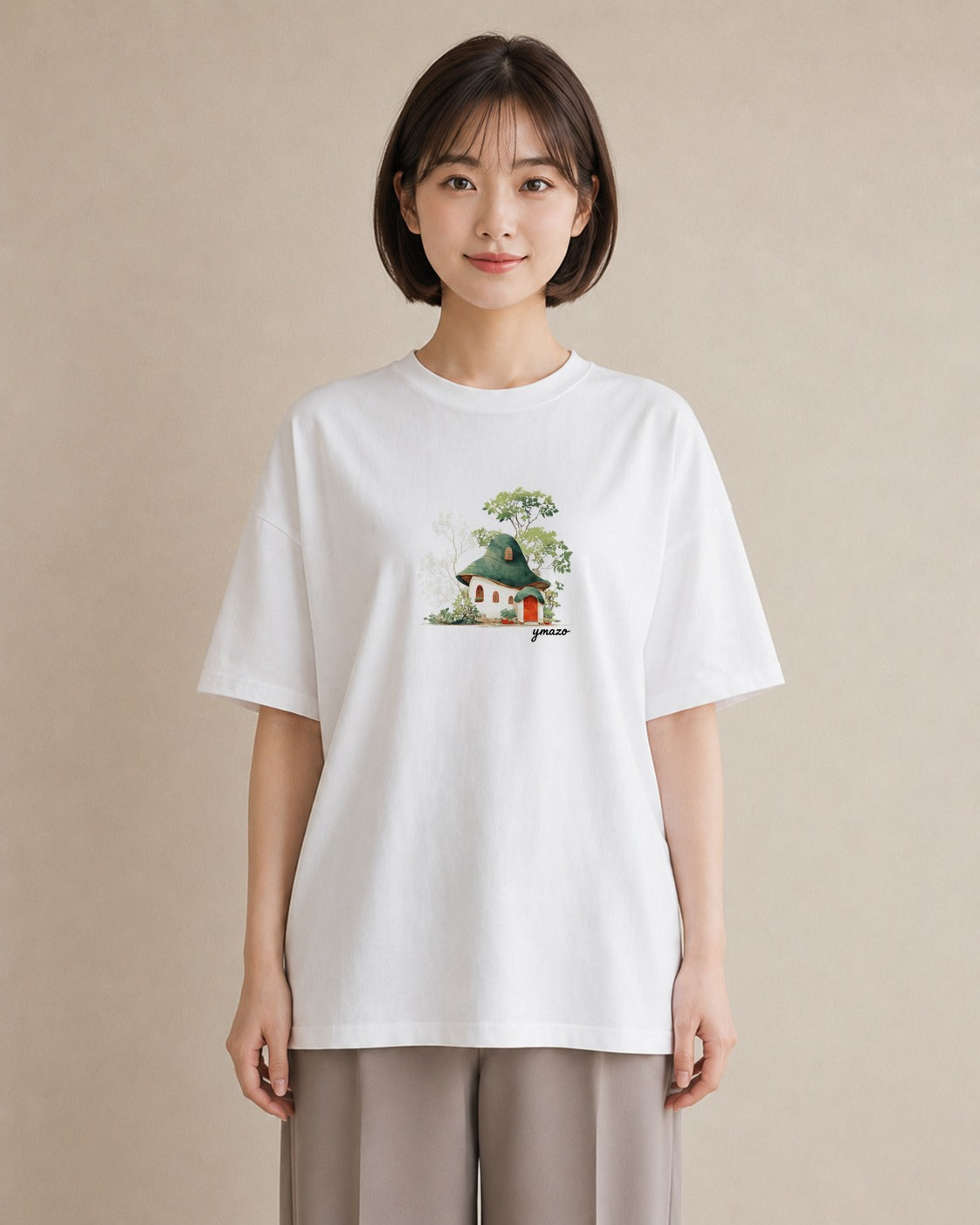 デザインTシャツ レディース 湖畔の小屋 湖 小屋 ナチュラル アンティーク イラスト ガーリー 海 カフェ巡り 白T