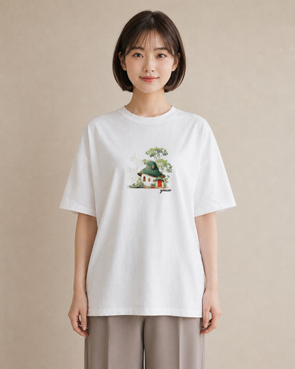 デザインTシャツ レディース 湖畔の小屋 湖 小屋 ナチュラル アンティーク イラスト ガーリー 海 カフェ巡り 白T