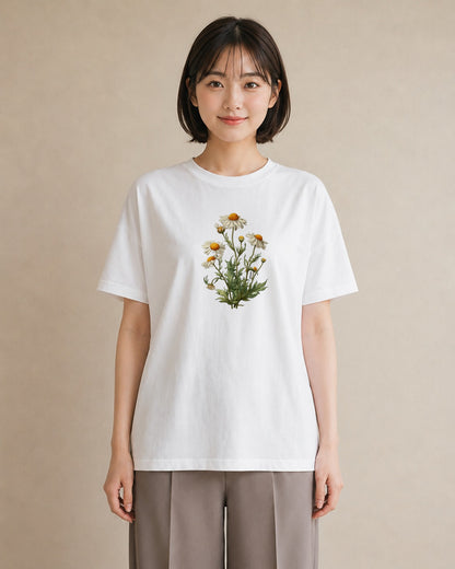 デザインTシャツ レディース デイジー 花 花柄 イラスト ヴィンテージ風 自分用 ルームウェア 白T