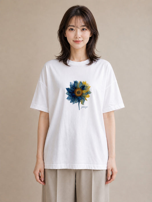 プリントTシャツ レディース ひまわり 向日葵 花 花柄 イラスト 抜け感 部屋着 女性向けギフト 白T